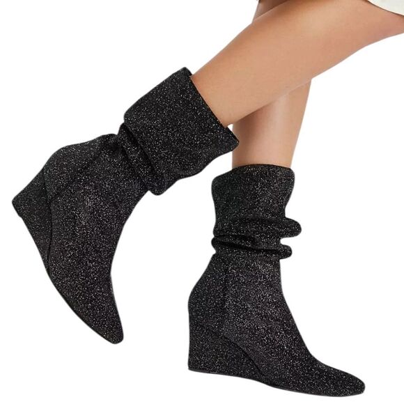 Free People Seville Slouchy Glam Wedge Boots Size 41 Black Multi - Picture 3 of 17